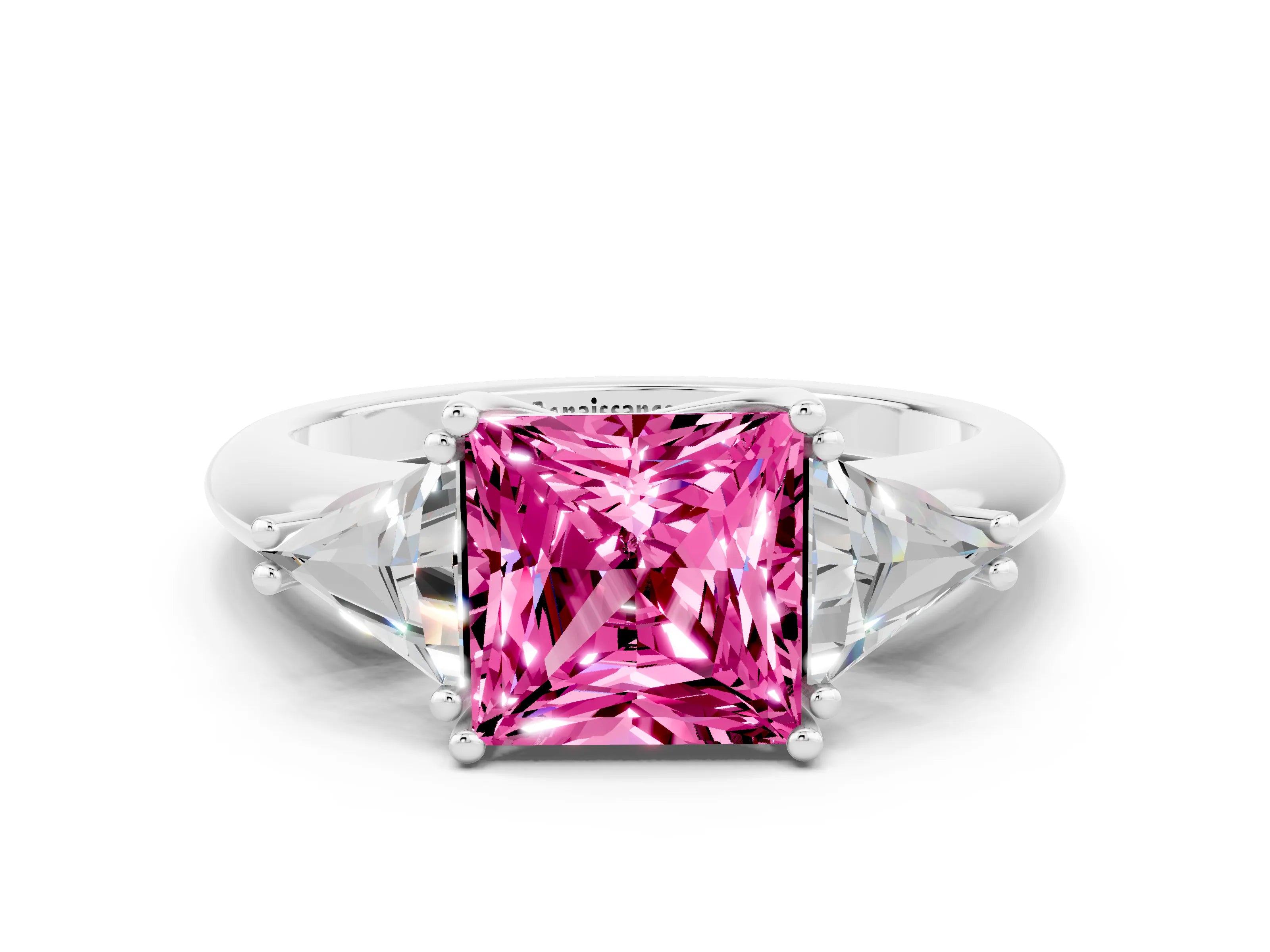 White gold Three-Stone Princess Cut Cut Diamond Ring with Trillion Side Stones and Four-Prong Setting
