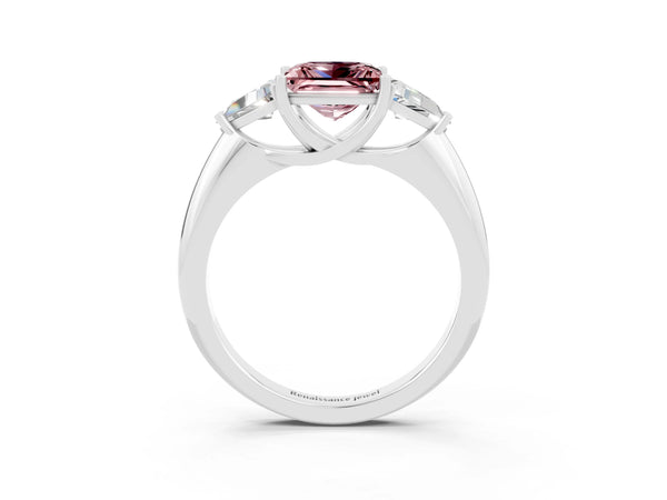 Silver Three-Stone Princess Cut Cut Diamond Ring with Trillion Side Stones and Four-Prong Setting