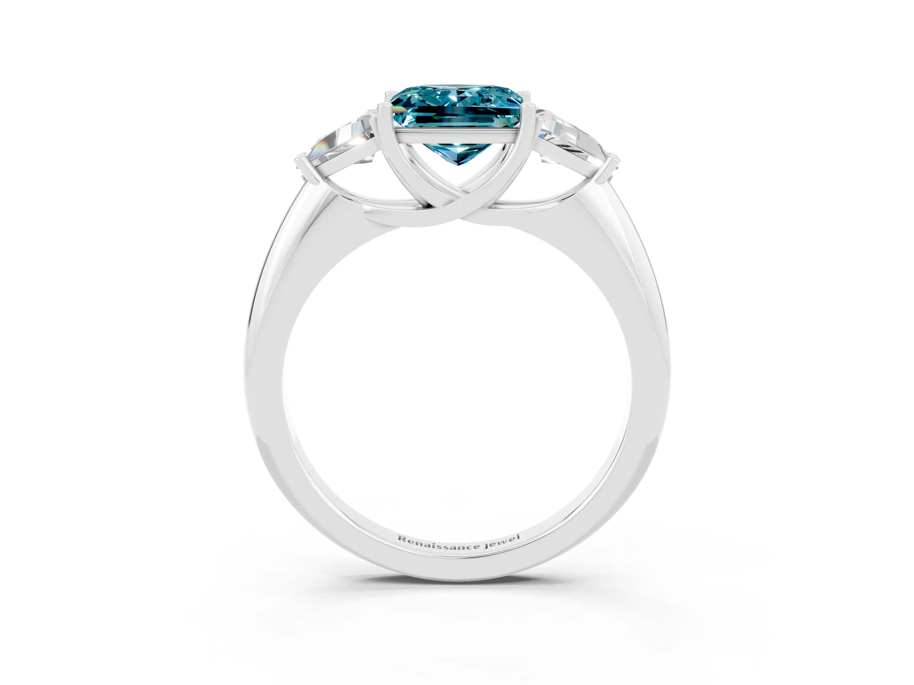 White gold Three-Stone Princess Cut Cut Diamond Ring with Trillion Side Stones and Four-Prong Setting_3