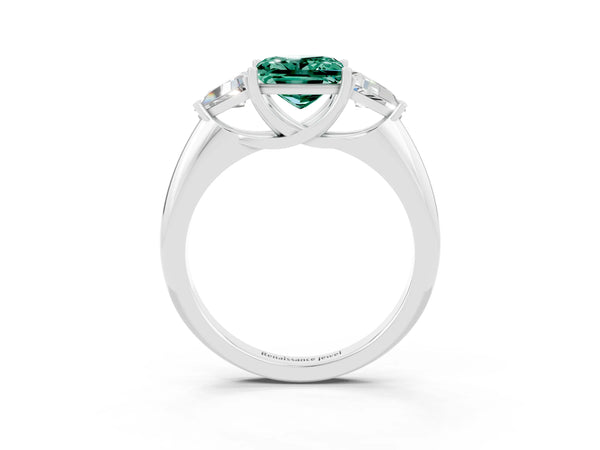 Platinum Three-Stone Princess Cut Green Sapphire Engagement Ring with Trillion Side Stones and Prong Setting
