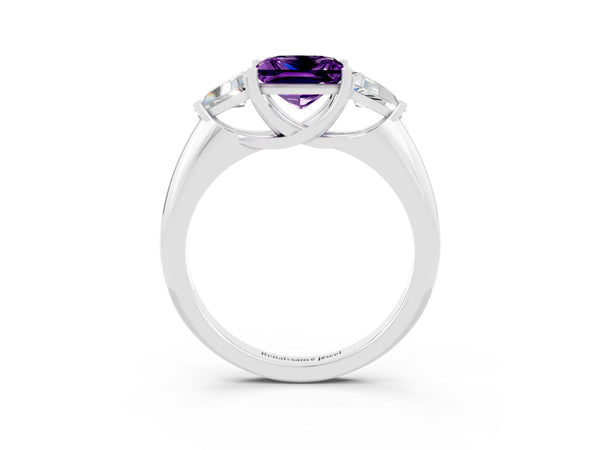 White gold Three-Stone Princess Cut Amethyst Engagement Ring with Trillion Side Stones and Prong Setting