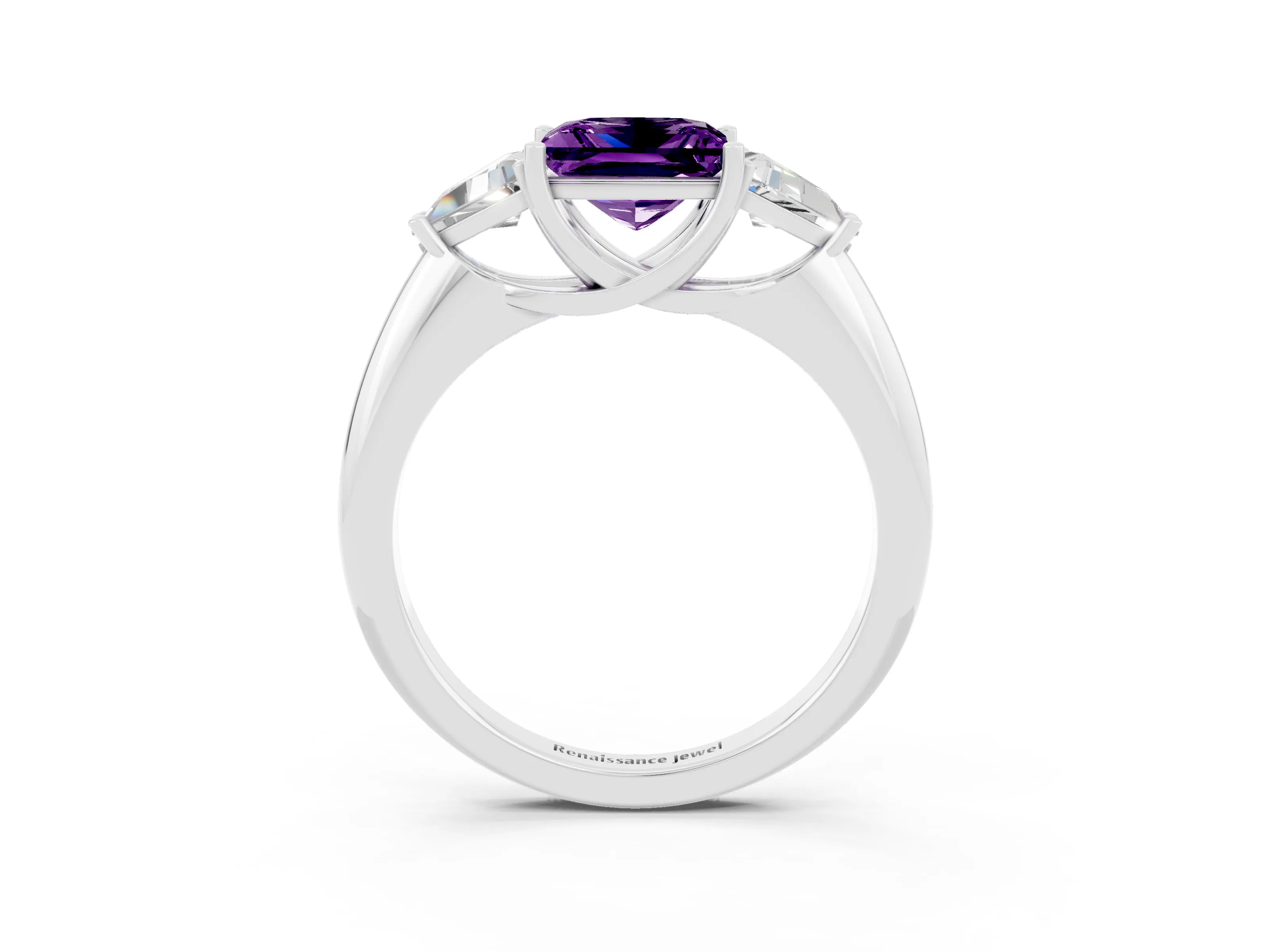 White gold Three-Stone Princess Cut Cut Diamond Ring with Trillion Side Stones and Four-Prong Setting_3
