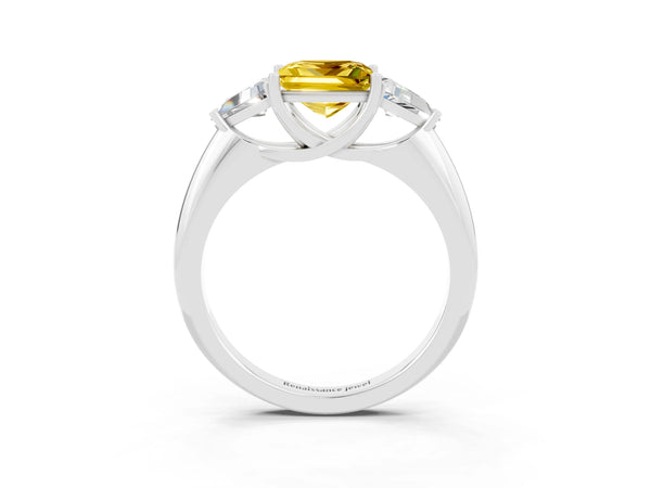 White gold Three-Stone Princess Cut Cut Diamond Ring with Trillion Side Stones and Four-Prong Setting