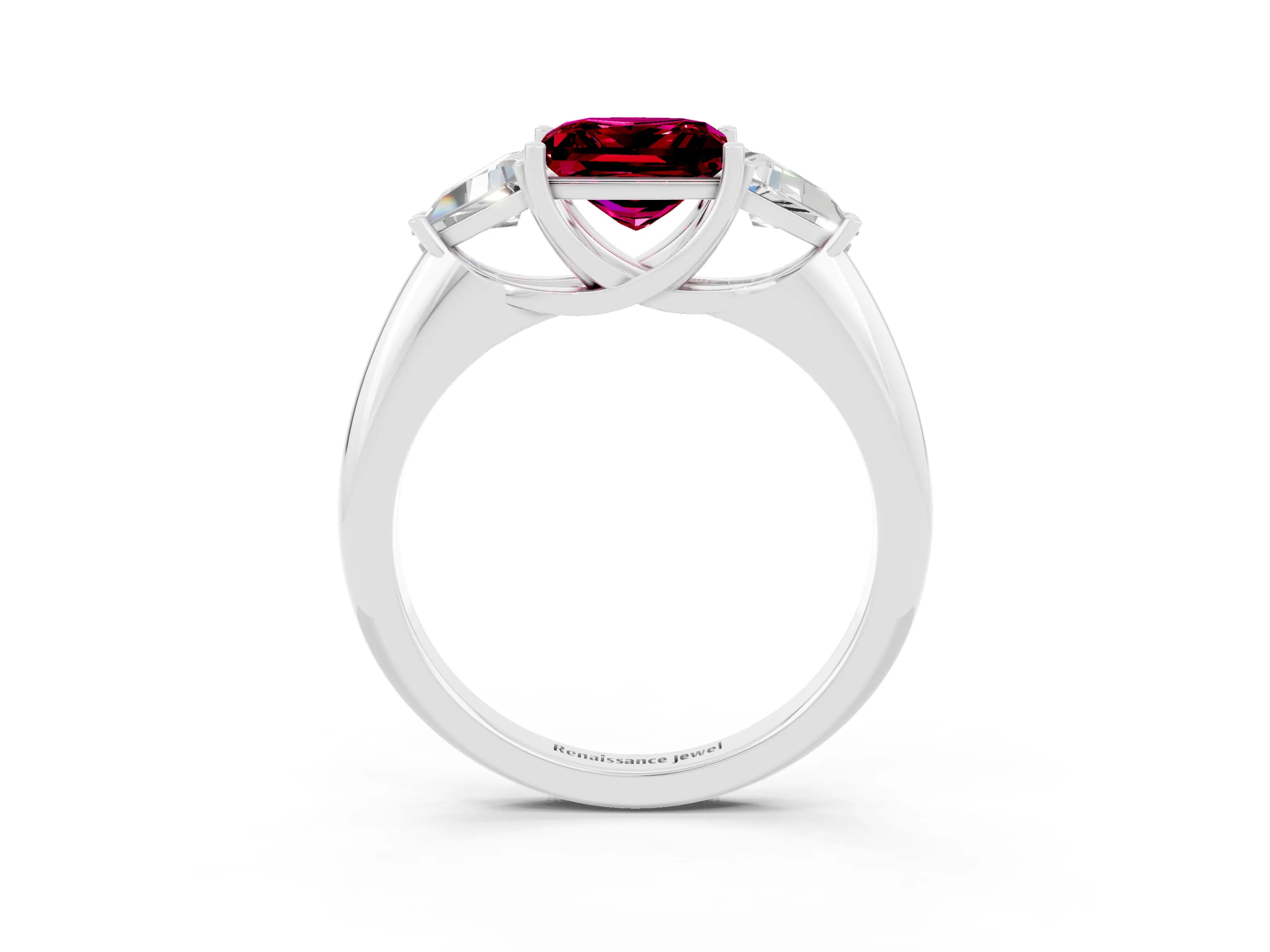 White gold Three-Stone Princess Cut Cut Diamond Ring with Trillion Side Stones and Four-Prong Setting_3