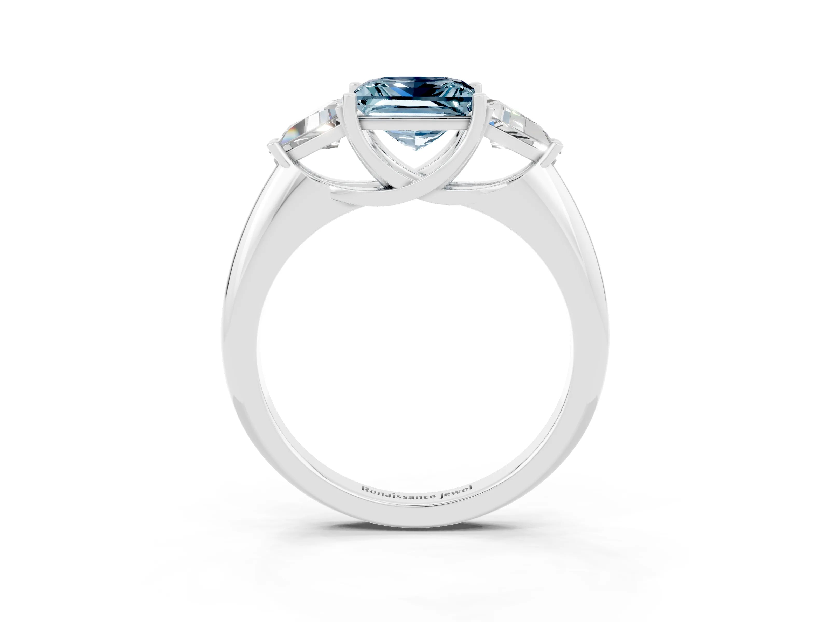 White gold Three-Stone Princess Cut Cut Diamond Ring with Trillion Side Stones and Four-Prong Setting_3