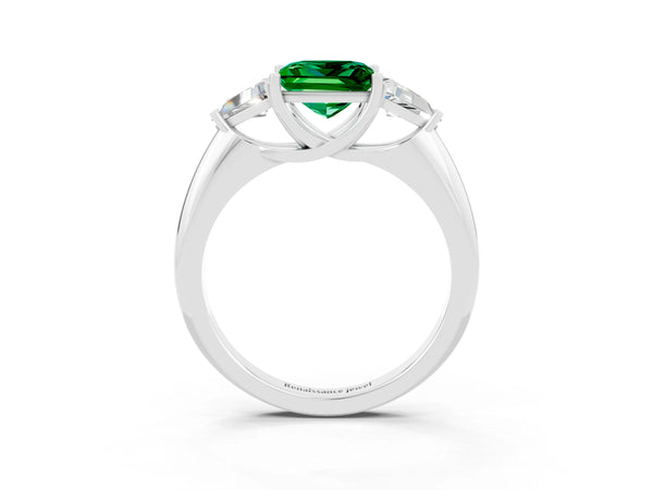 Silver Three-Stone Princess Cut Emerald Engagement Ring with Trillion Side Stones and Prong Setting