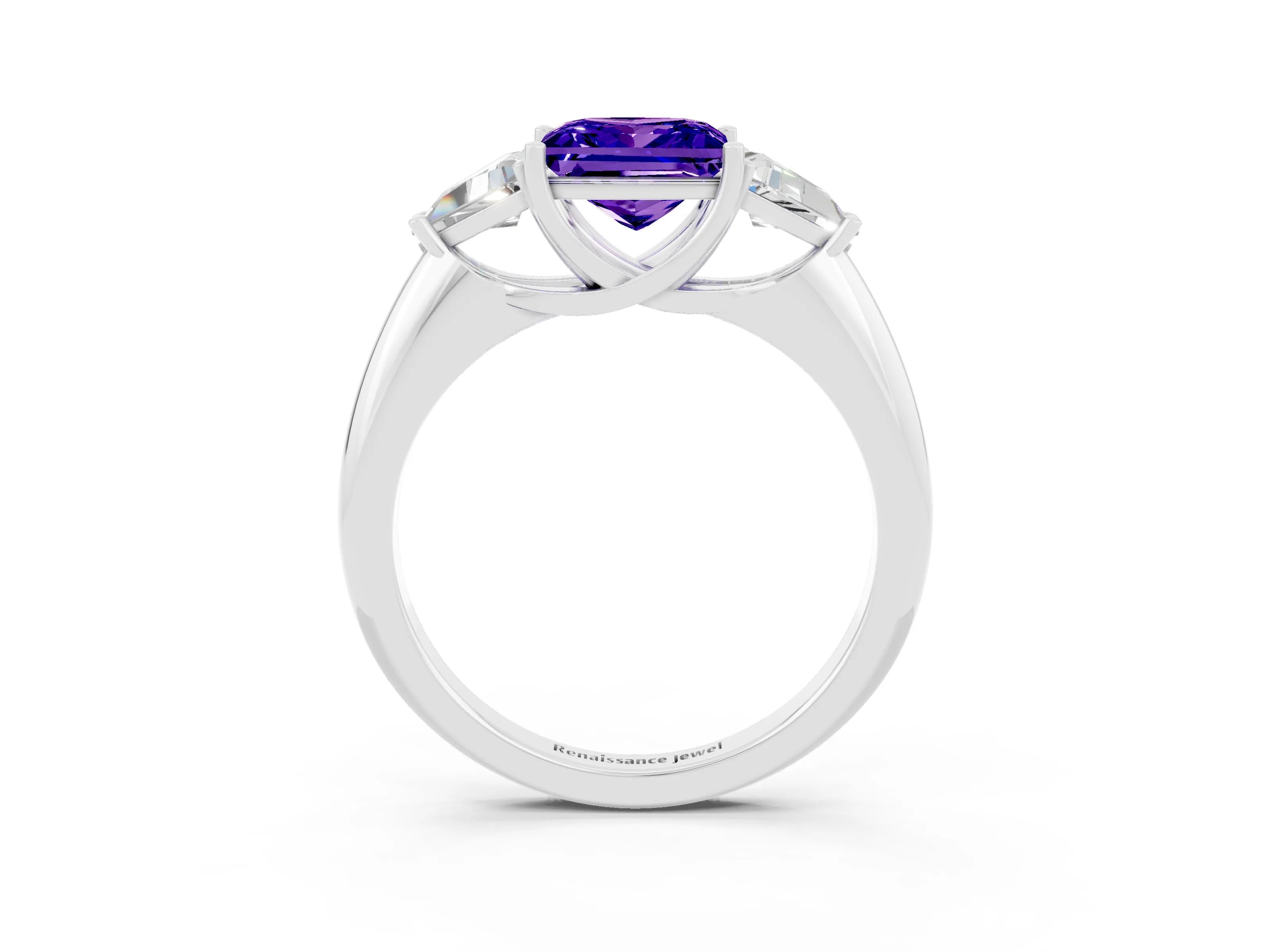 White gold Three-Stone Princess Cut Cut Diamond Ring with Trillion Side Stones and Four-Prong Setting_3