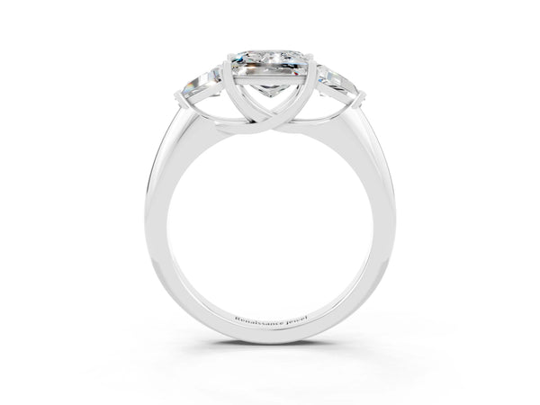 White gold Three-Stone Princess Cut Moissanite Engagement Ring with Trillion Side Stones and Prong Setting