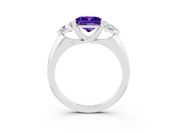 White gold Three-Stone Princess Cut Tanzanite Engagement Ring with Trillion Side Stones and Prong Setting