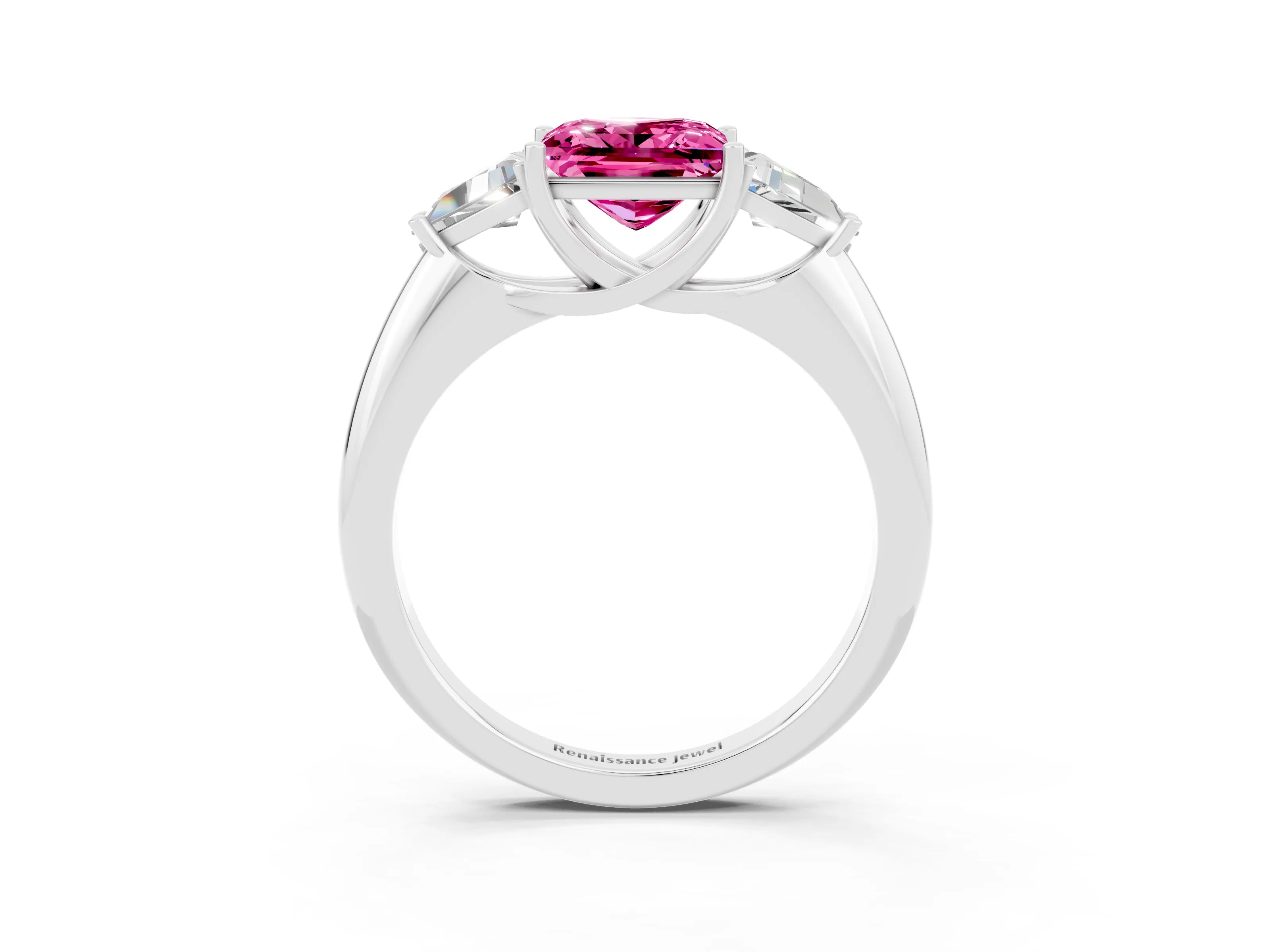 White gold Three-Stone Princess Cut Cut Diamond Ring with Trillion Side Stones and Four-Prong Setting_3