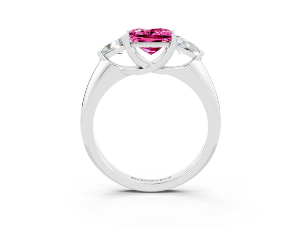 Silver Three-Stone Princess Cut Cut Diamond Ring with Trillion Side Stones and Four-Prong Setting