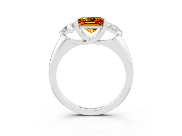 White gold Three-Stone Princess Cut Cut Diamond Ring with Trillion Side Stones and Four-Prong Setting