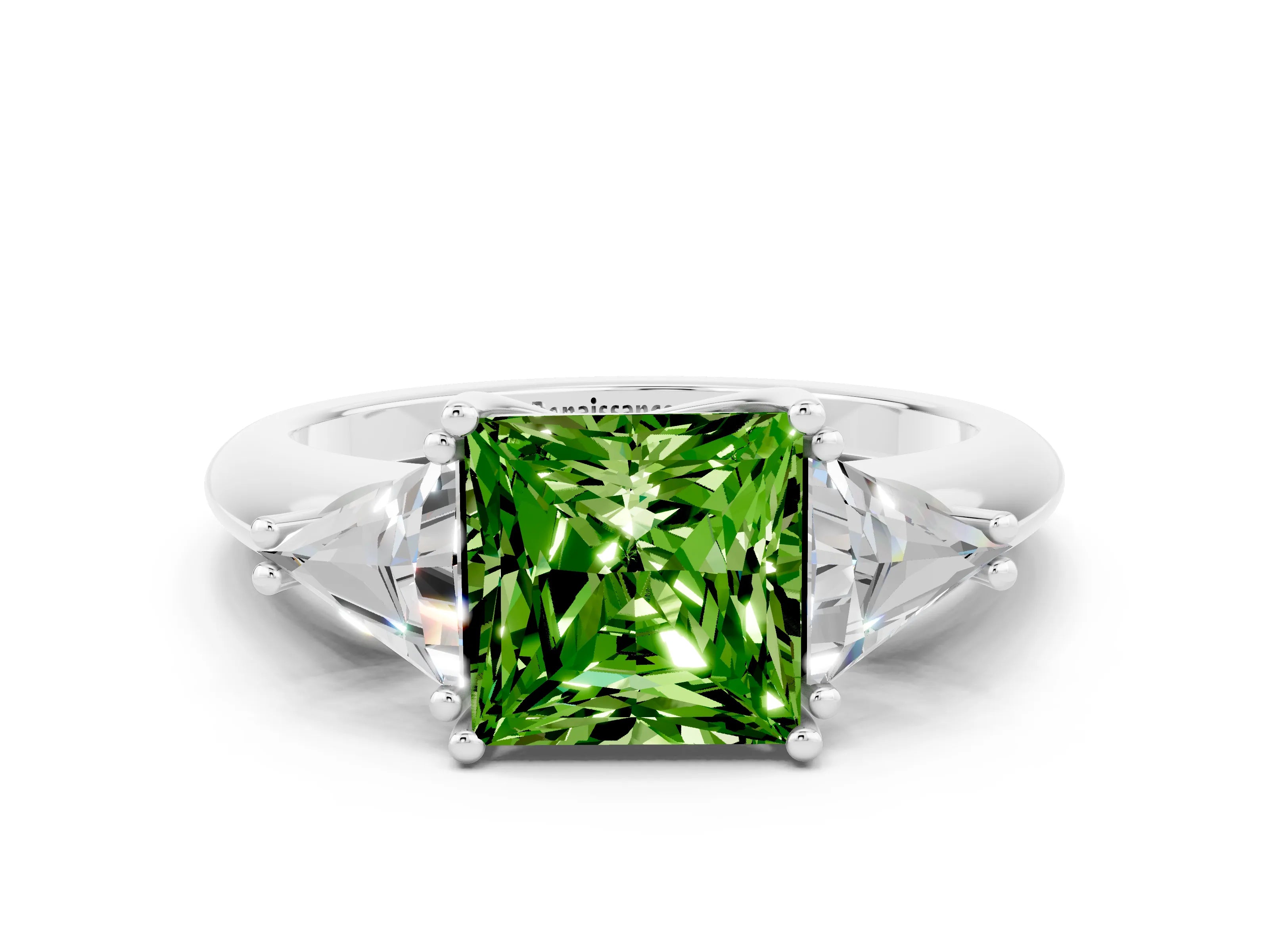 White gold Three-Stone Princess Cut Cut Diamond Ring with Trillion Side Stones and Four-Prong Setting