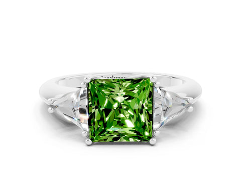 White gold Three-Stone Princess Cut Cut Diamond Ring with Trillion Side Stones and Four-Prong Setting