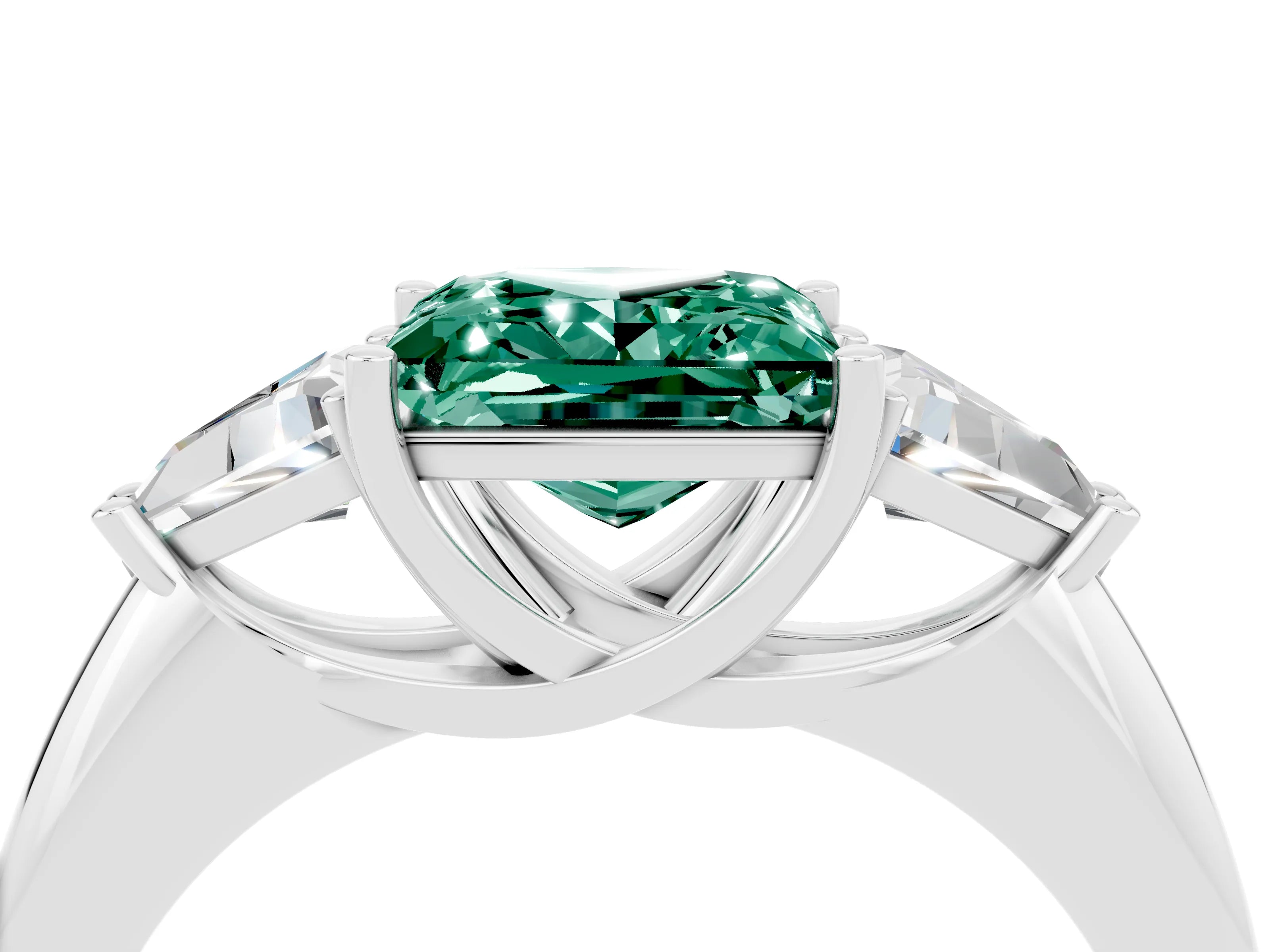 White gold Three-Stone Princess Cut Cut Diamond Ring with Trillion Side Stones and Four-Prong Setting_4