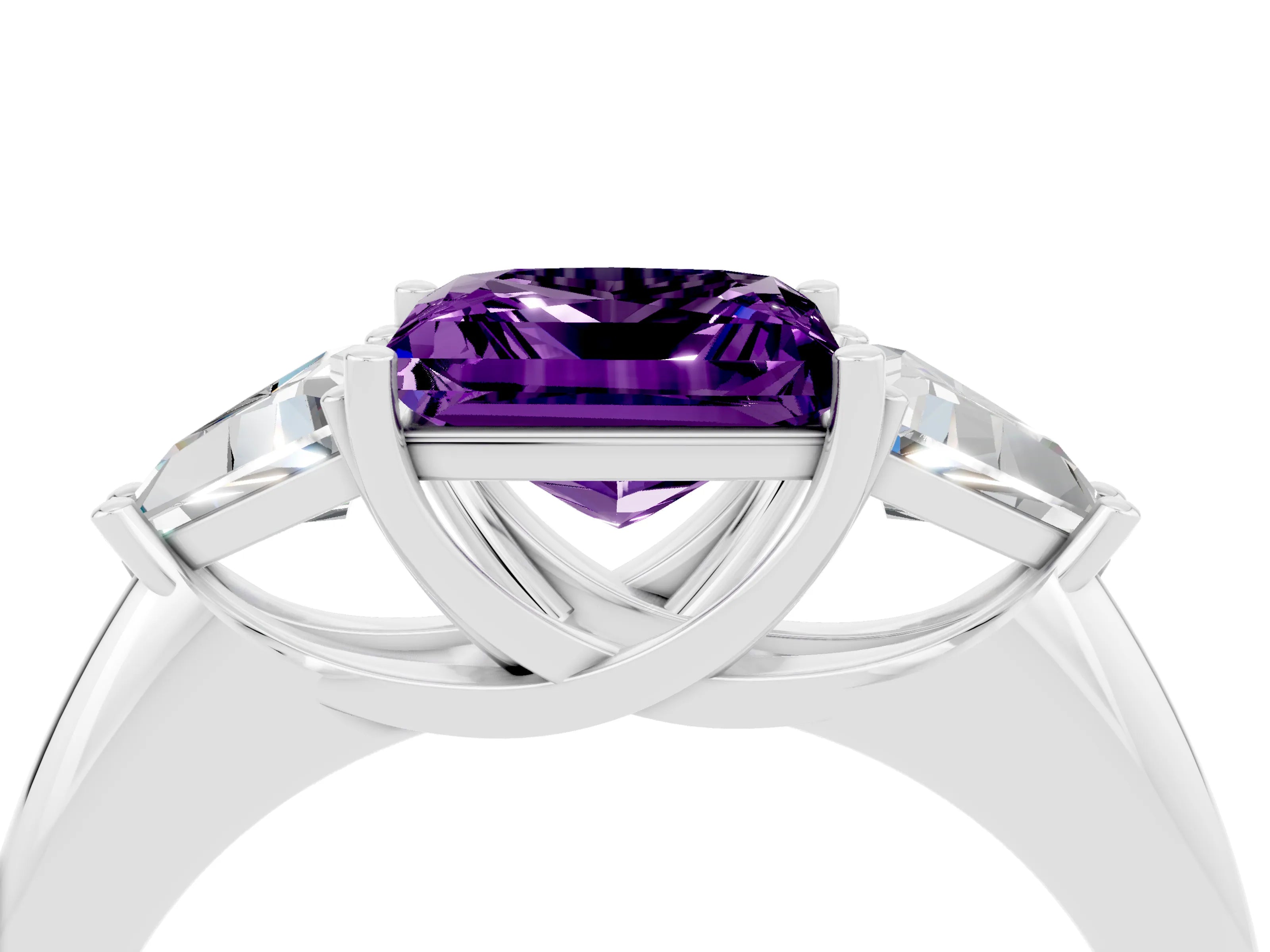White gold Three-Stone Princess Cut Cut Diamond Ring with Trillion Side Stones and Four-Prong Setting_4