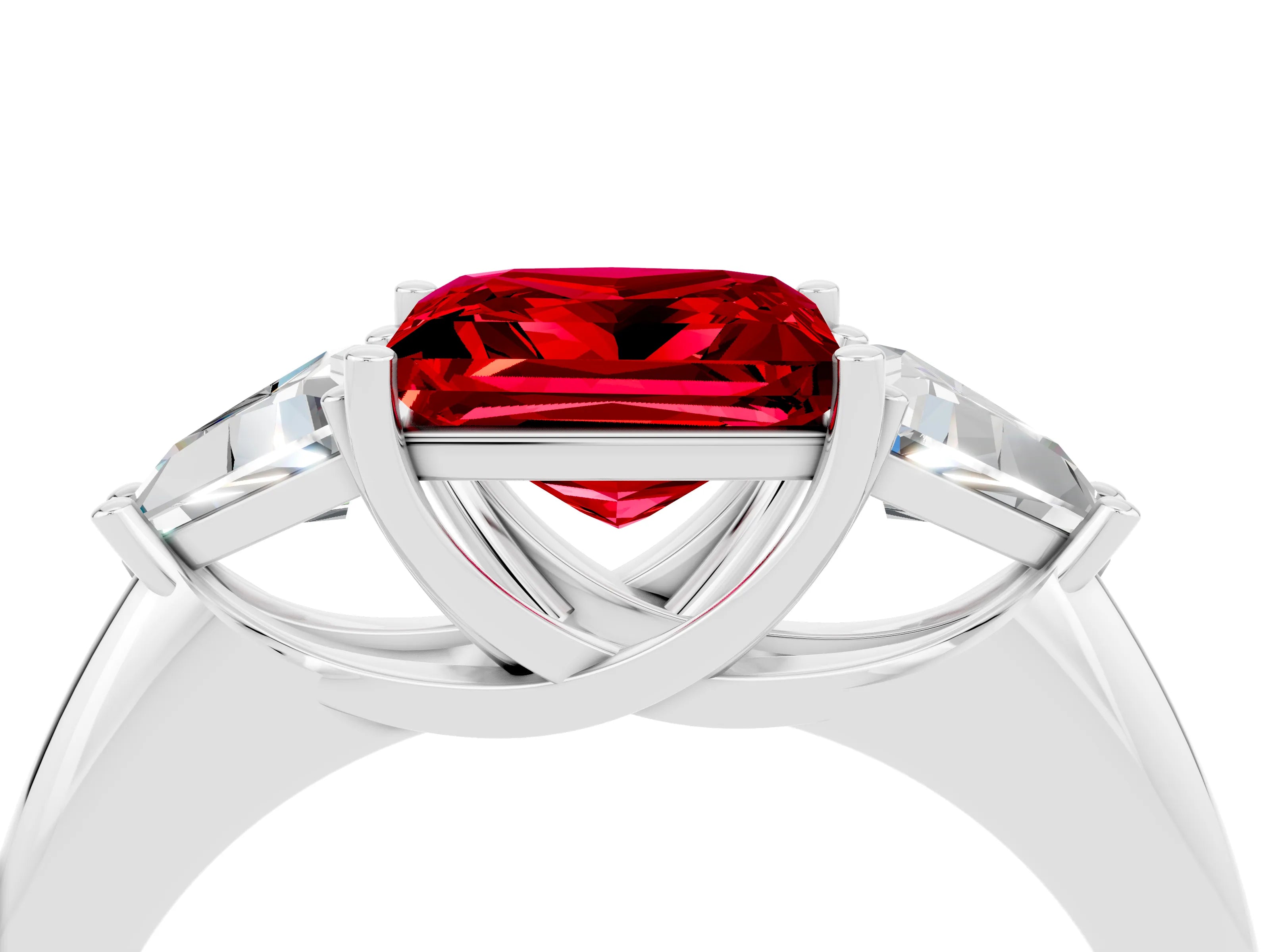 White gold Three-Stone Princess Cut Cut Diamond Ring with Trillion Side Stones and Four-Prong Setting_4