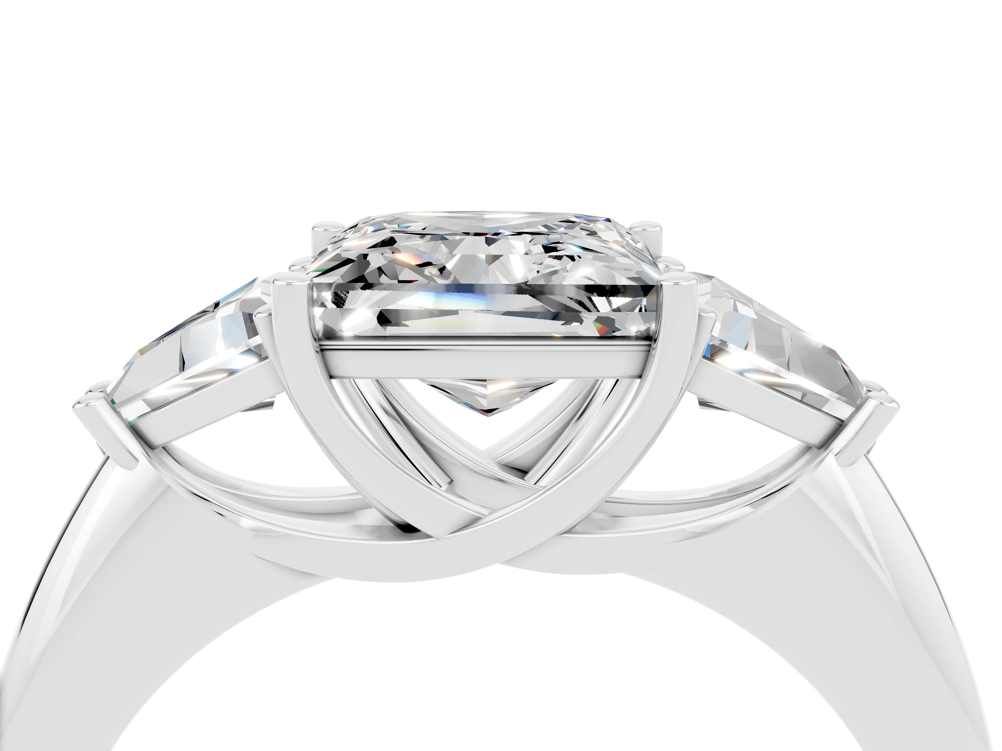 White gold Three-Stone Princess Cut Cut Diamond Ring with Trillion Side Stones and Four-Prong Setting_4
