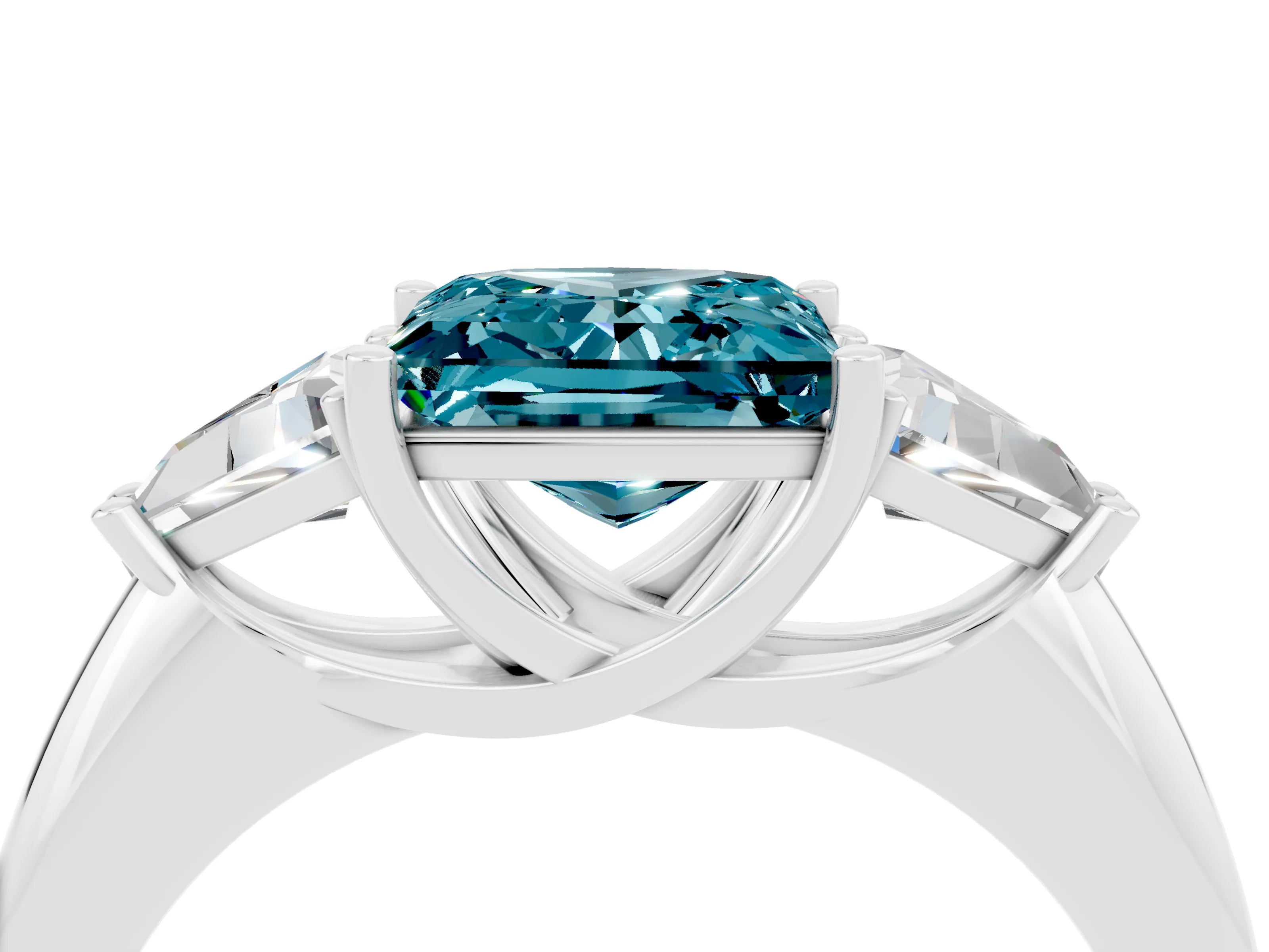 White gold Three-Stone Princess Cut Cut Diamond Ring with Trillion Side Stones and Four-Prong Setting_4