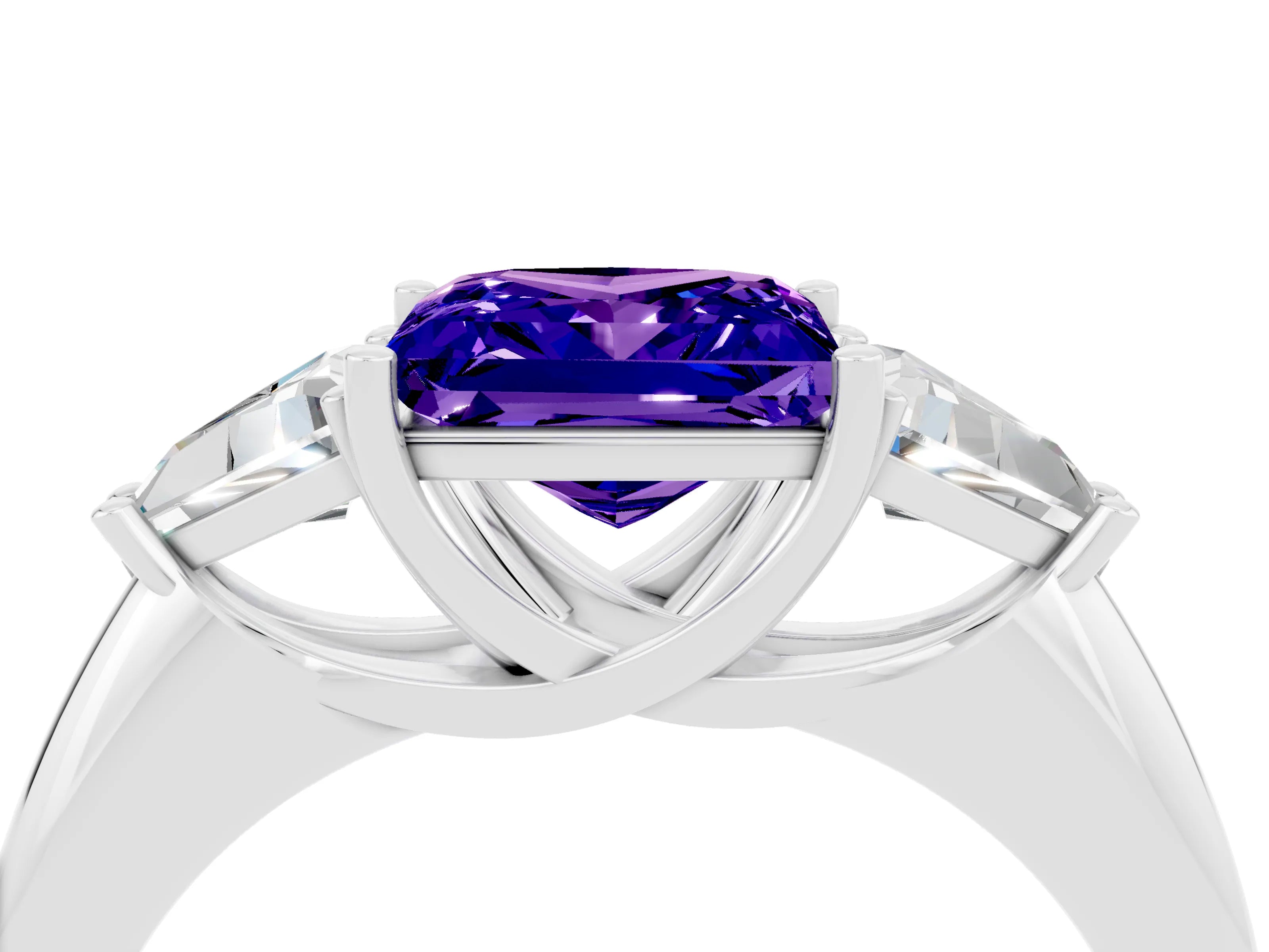 White gold Three-Stone Princess Cut Cut Diamond Ring with Trillion Side Stones and Four-Prong Setting_4