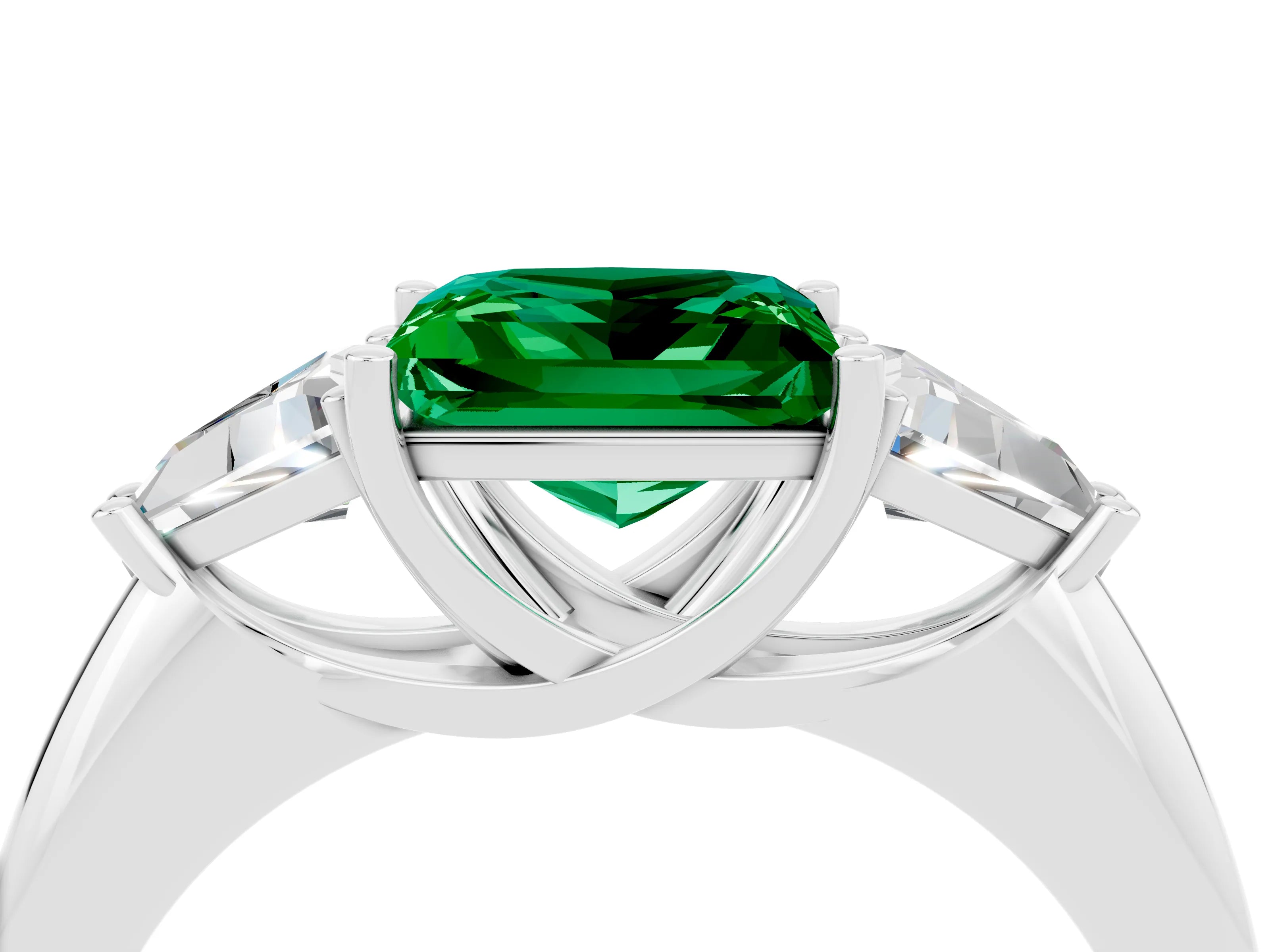 White gold Three-Stone Princess Cut Cut Diamond Ring with Trillion Side Stones and Four-Prong Setting_4