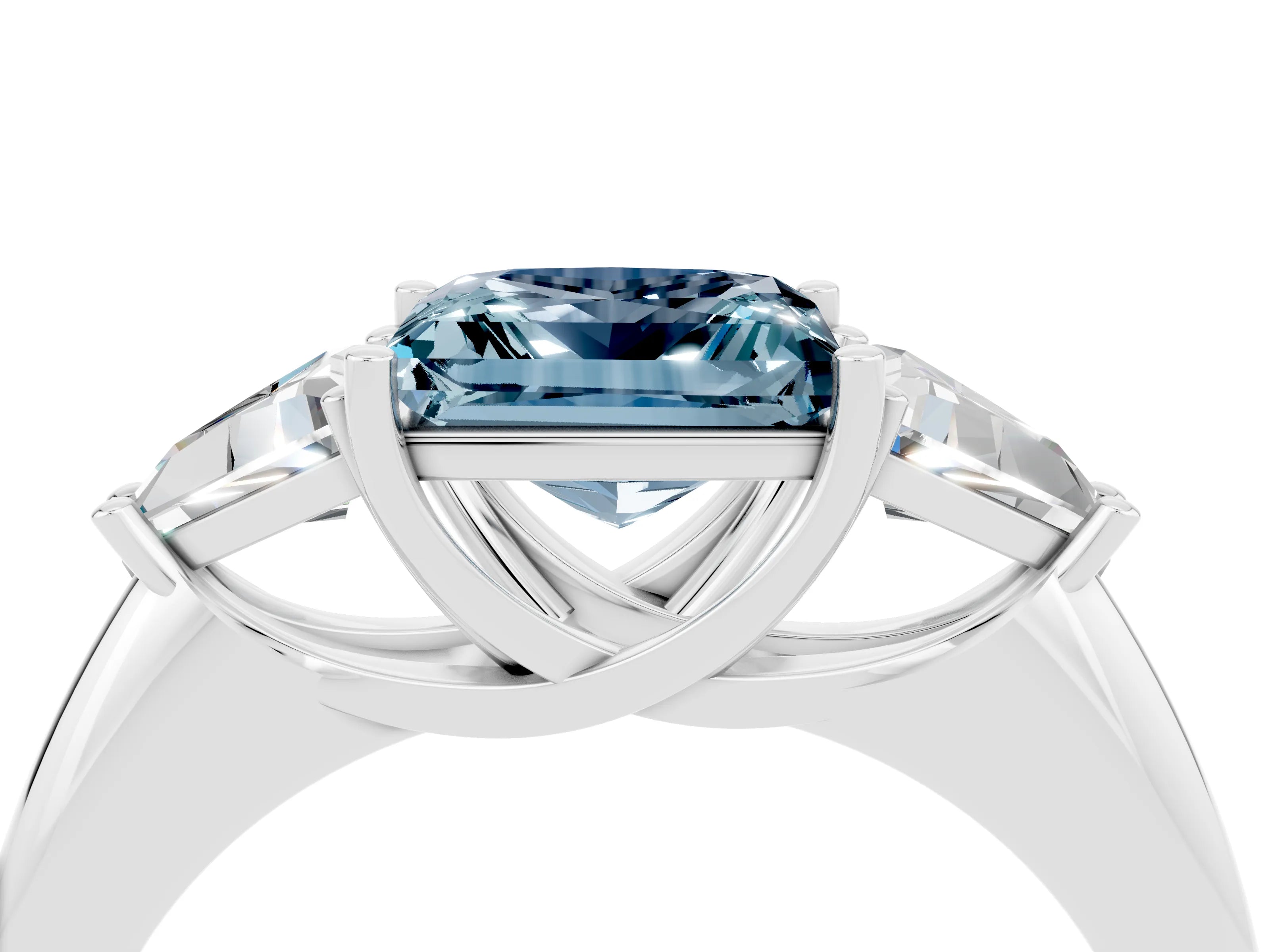 White gold Three-Stone Princess Cut Cut Diamond Ring with Trillion Side Stones and Four-Prong Setting_4