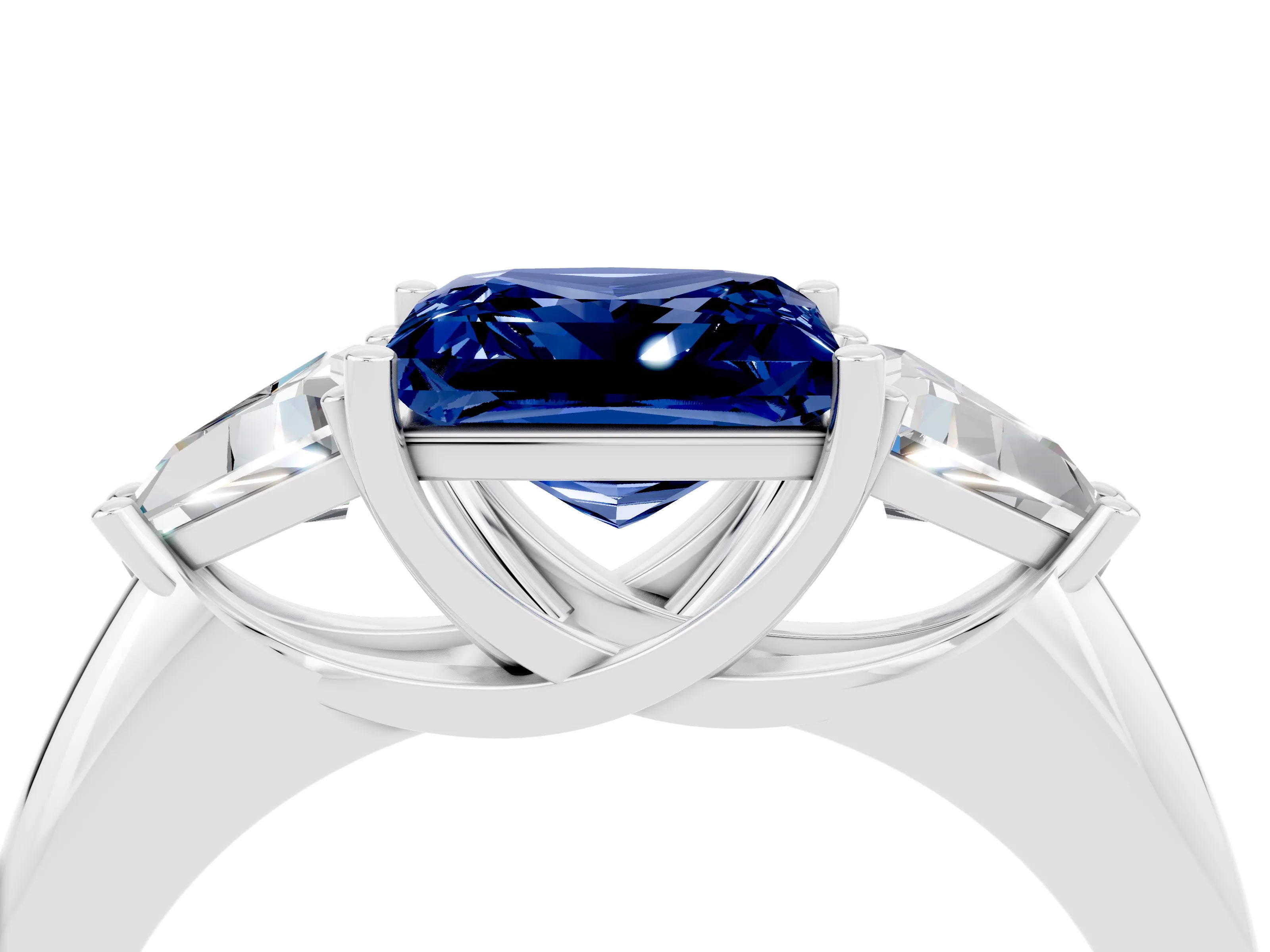 White gold Three-Stone Princess Cut Cut Diamond Ring with Trillion Side Stones and Four-Prong Setting_4