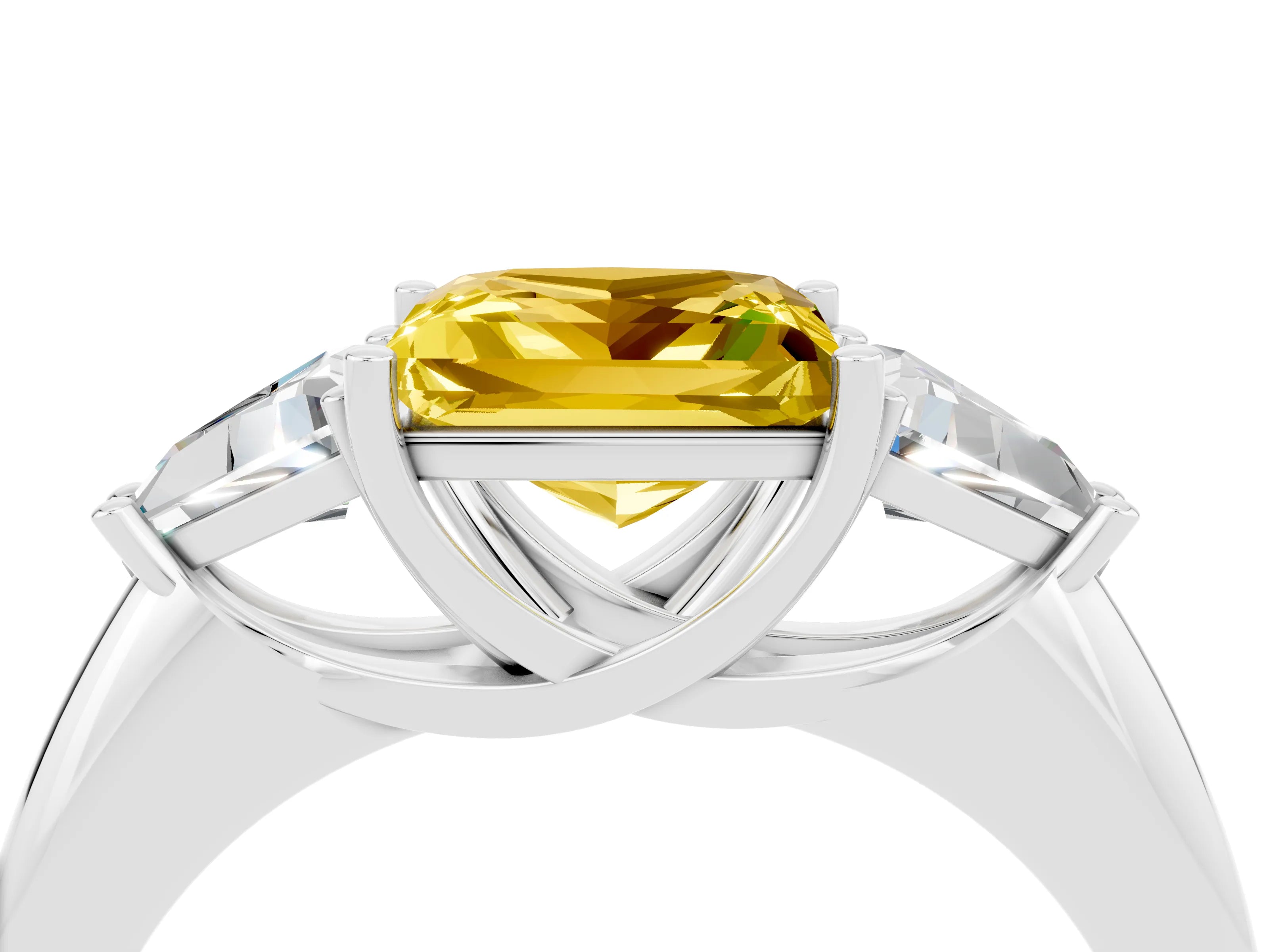 White gold Three-Stone Princess Cut Cut Diamond Ring with Trillion Side Stones and Four-Prong Setting_4