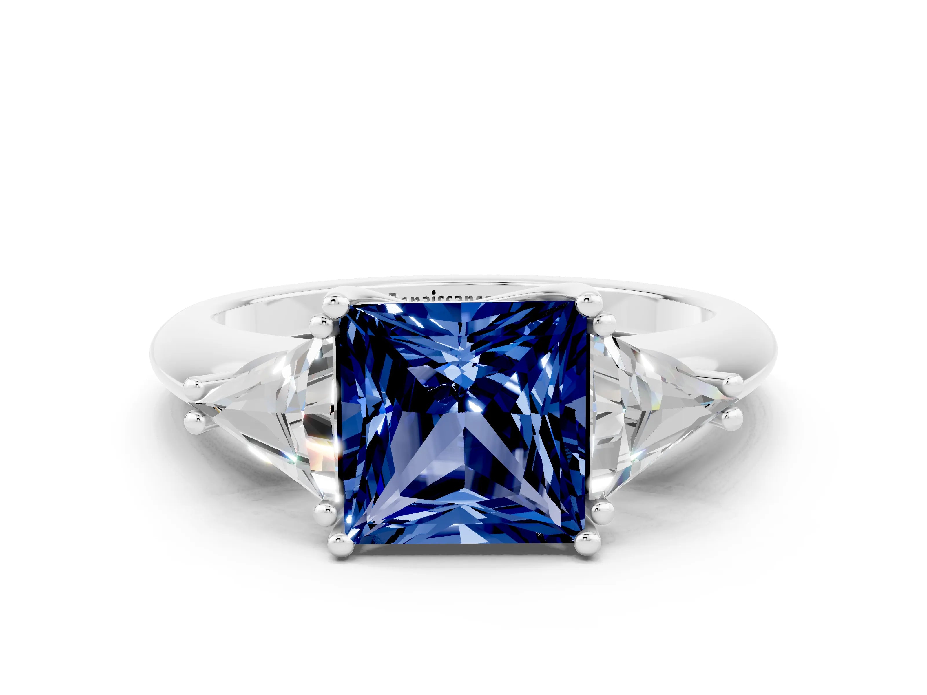 White gold Three-Stone Princess Cut Cut Diamond Ring with Trillion Side Stones and Four-Prong Setting
