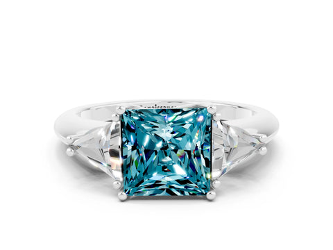 White gold Three-Stone Princess Cut Cut Diamond Ring with Trillion Side Stones and Four-Prong Setting