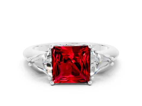White gold Three-Stone Princess Cut Cut Diamond Ring with Trillion Side Stones and Four-Prong Setting