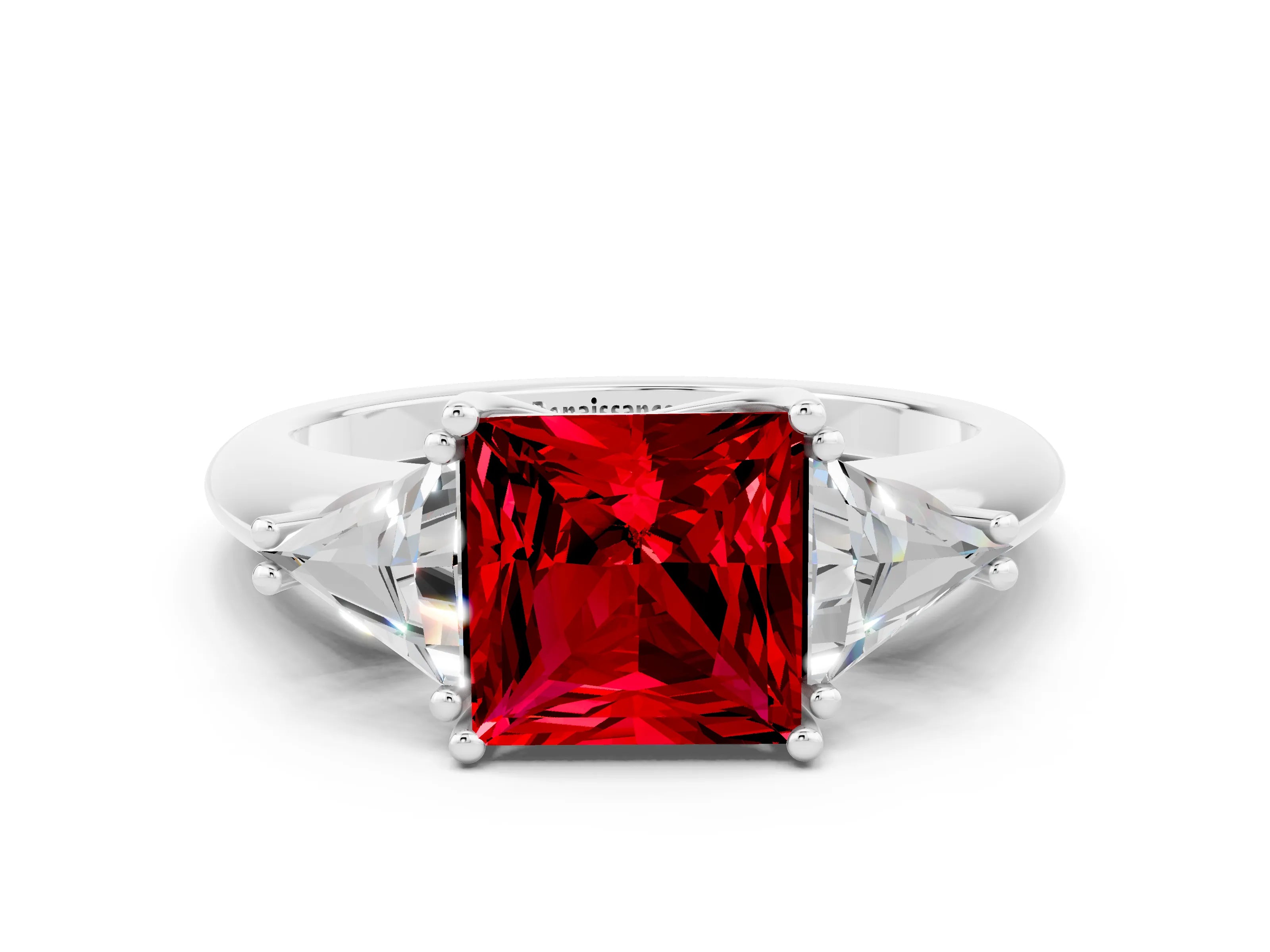 White gold Three-Stone Princess Cut Cut Diamond Ring with Trillion Side Stones and Four-Prong Setting