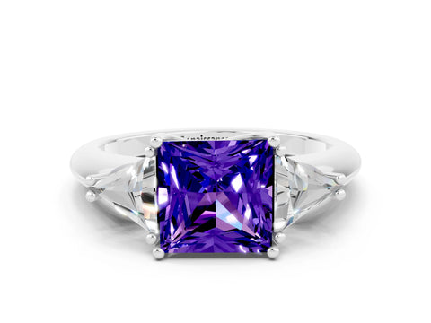White gold Three-Stone Princess Cut Cut Diamond Ring with Trillion Side Stones and Four-Prong Setting