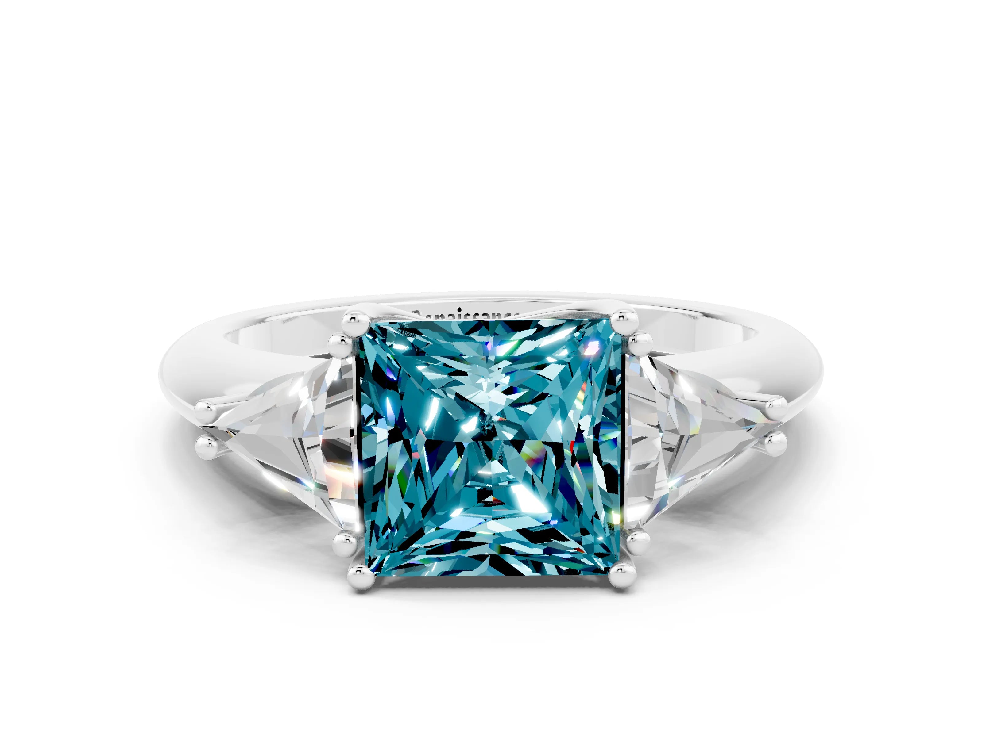 White gold Three-Stone Princess Cut Cut Diamond Ring with Trillion Side Stones and Four-Prong Setting