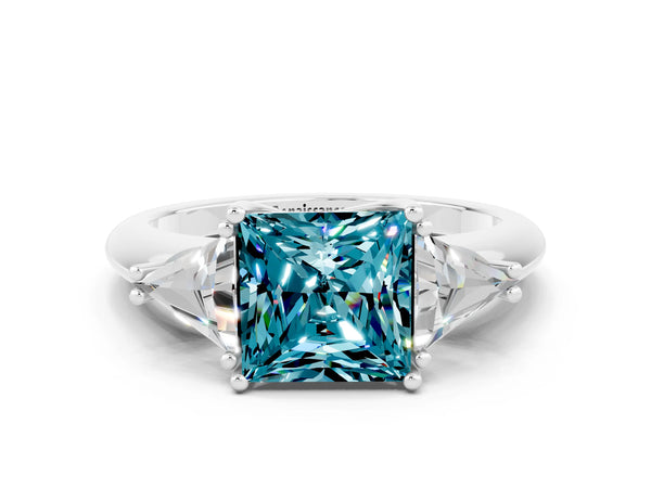 White gold Three-Stone Princess Cut Cut Diamond Ring with Trillion Side Stones and Four-Prong Setting