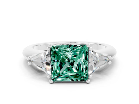 White gold Three-Stone Princess Cut Cut Diamond Ring with Trillion Side Stones and Four-Prong Setting