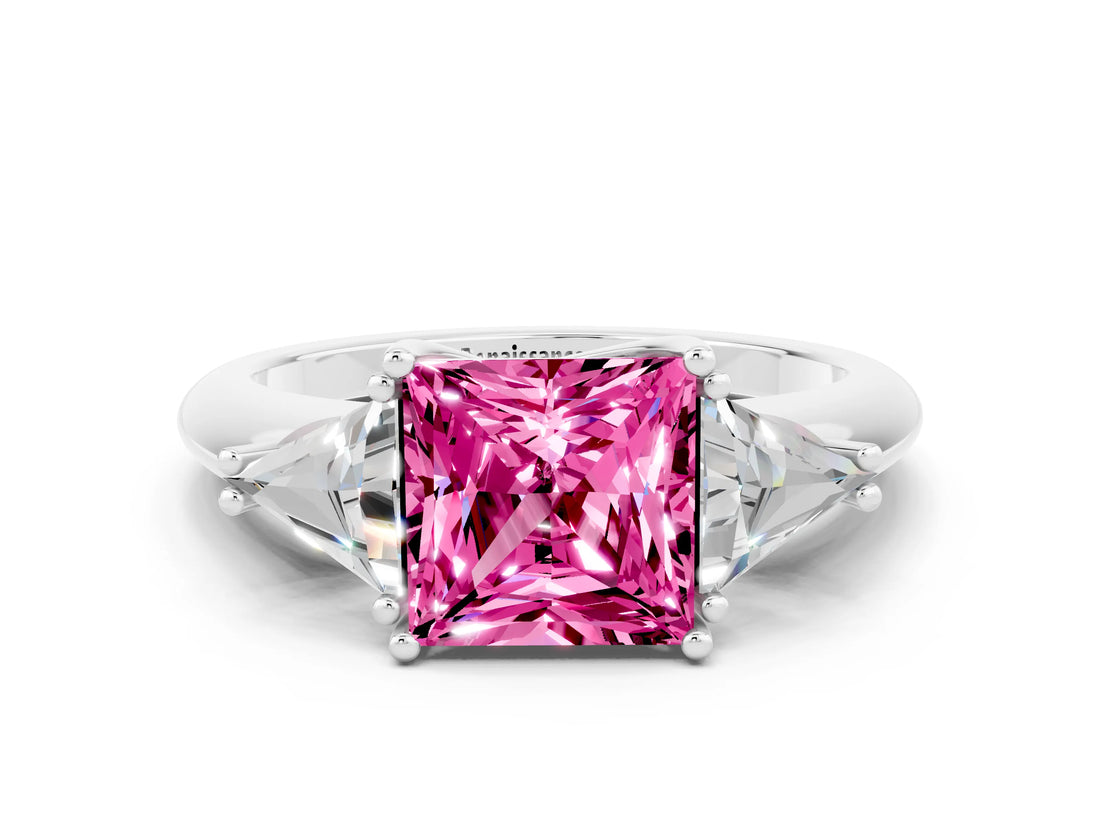 White gold Three-Stone Princess Cut Cut Diamond Ring with Trillion Side Stones and Four-Prong Setting