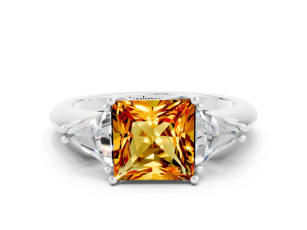 White gold Three-Stone Princess Cut Cut Diamond Ring with Trillion Side Stones and Four-Prong Setting