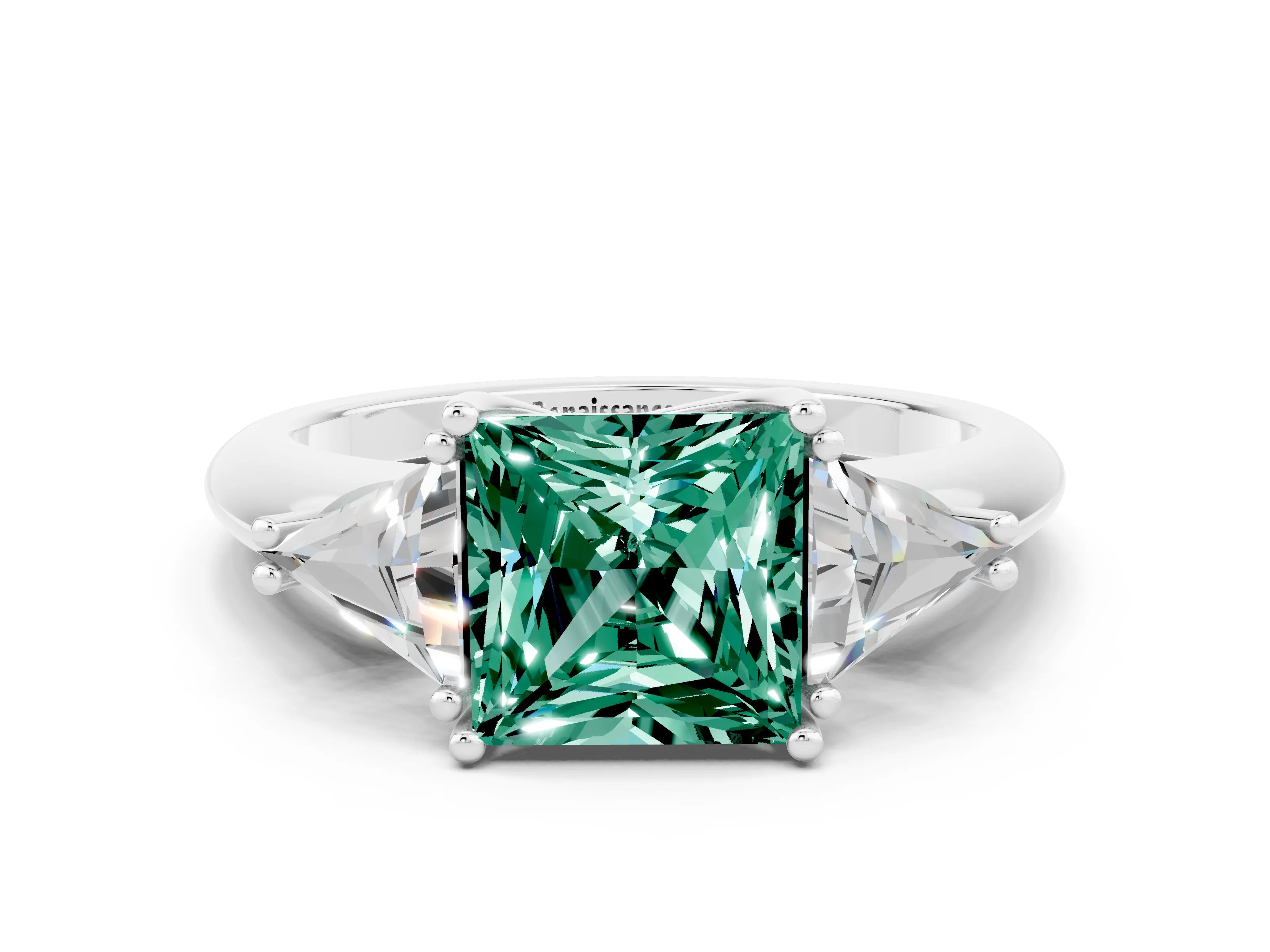White gold Three-Stone Princess Cut Cut Diamond Ring with Trillion Side Stones and Four-Prong Setting