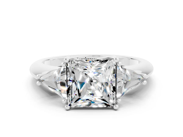 White gold Three-Stone Princess Cut Moissanite Engagement Ring with Trillion Side Stones and Prong Setting