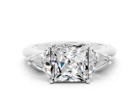 White gold Three-Stone Princess Cut Cut Diamond Ring with Trillion Side Stones and Four-Prong Setting