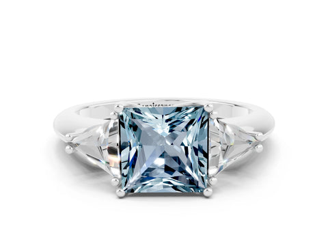 White gold Three-Stone Princess Cut Cut Diamond Ring with Trillion Side Stones and Four-Prong Setting