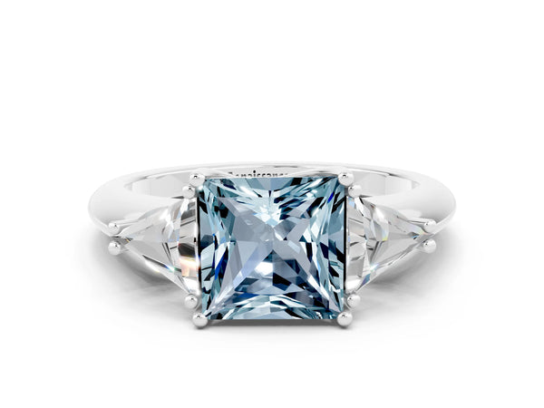 Platinum Three-Stone Princess Cut Cut Diamond Ring with Trillion Side Stones and Four-Prong Setting