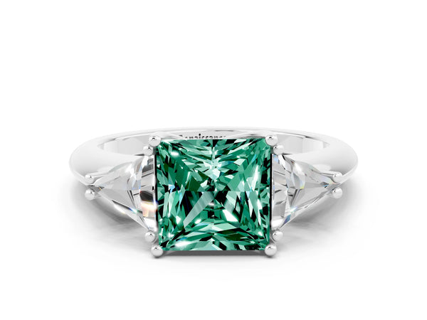 Silver Three-Stone Princess Cut Green Sapphire Engagement Ring with Trillion Side Stones and Prong Setting