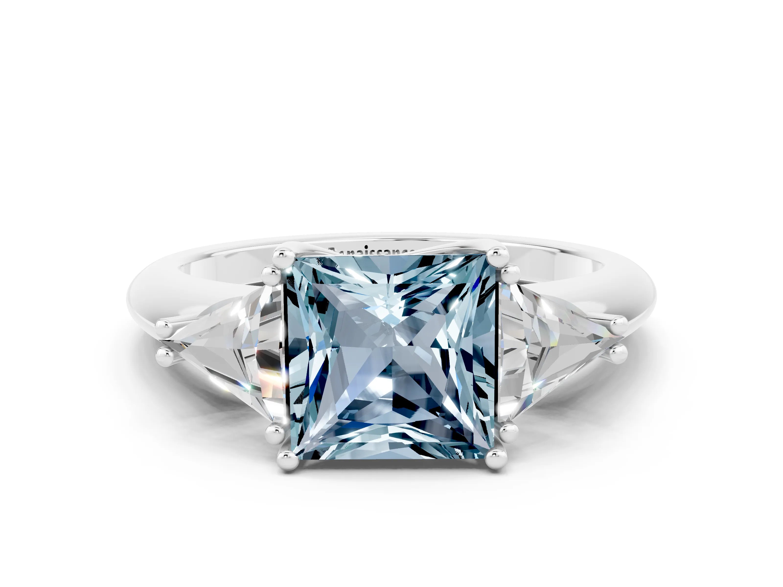 White gold Three-Stone Princess Cut Cut Diamond Ring with Trillion Side Stones and Four-Prong Setting