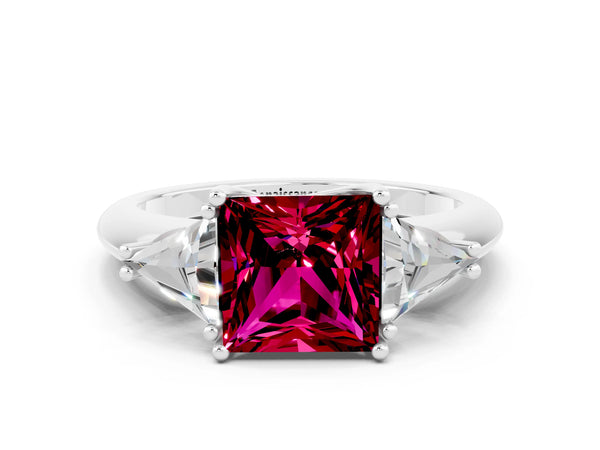 White gold Three-Stone Princess Cut Cut Diamond Ring with Trillion Side Stones and Four-Prong Setting