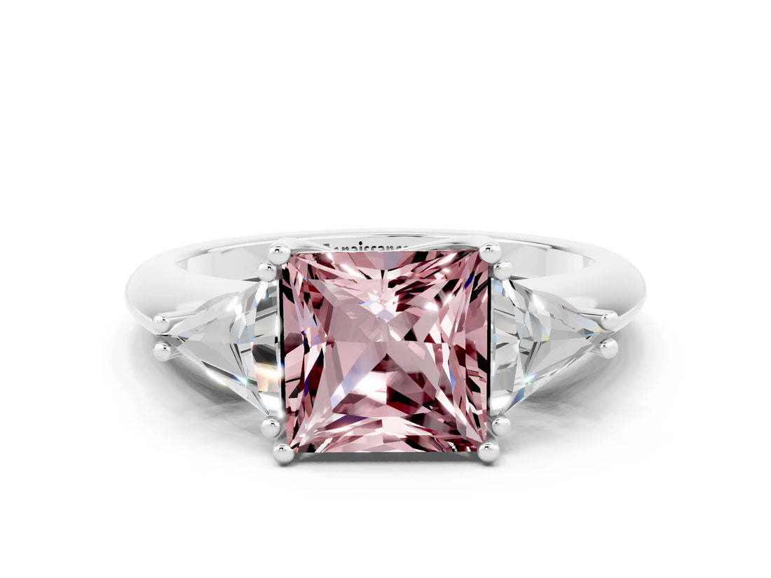 White gold Three-Stone Princess Cut Cut Diamond Ring with Trillion Side Stones and Four-Prong Setting