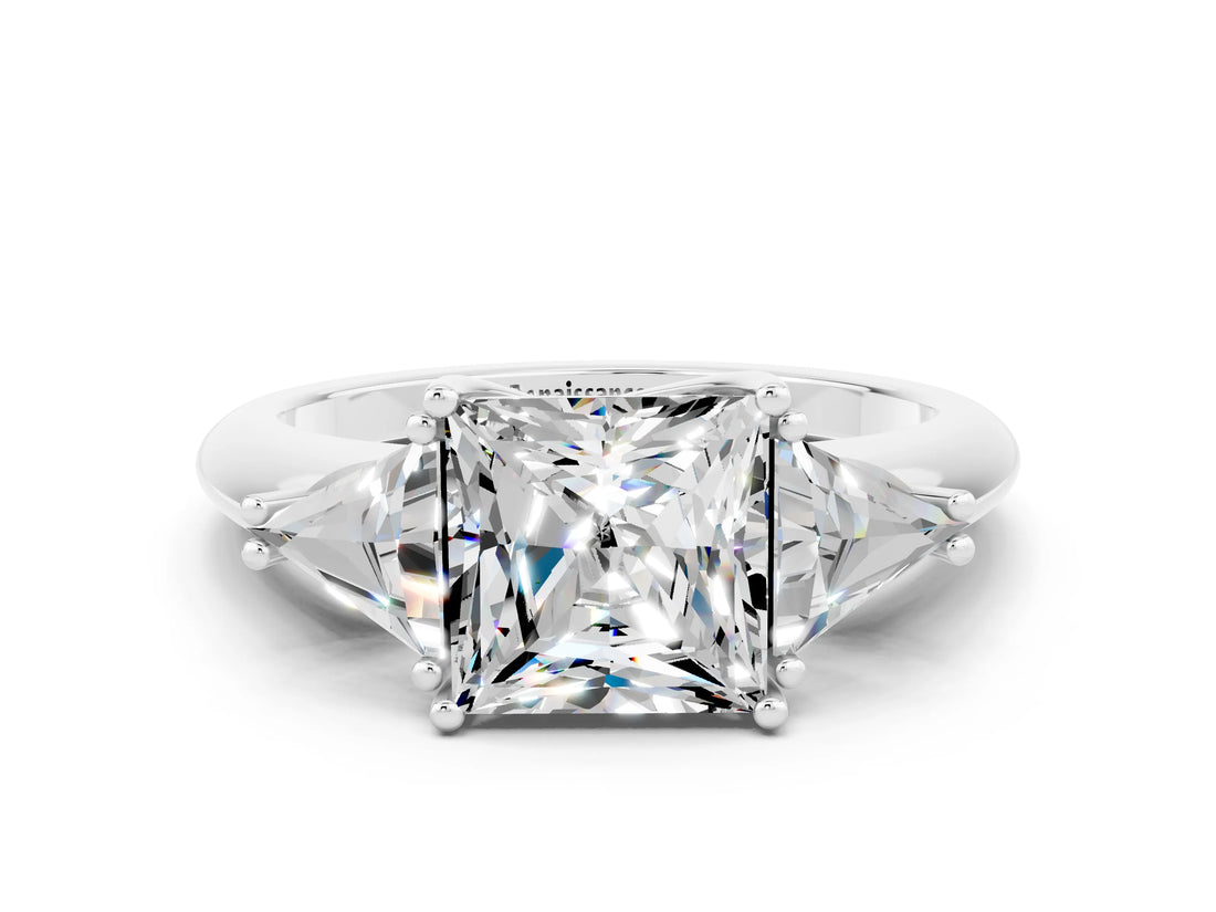 White gold Three-Stone Princess Cut Cut Diamond Ring with Trillion Side Stones and Four-Prong Setting