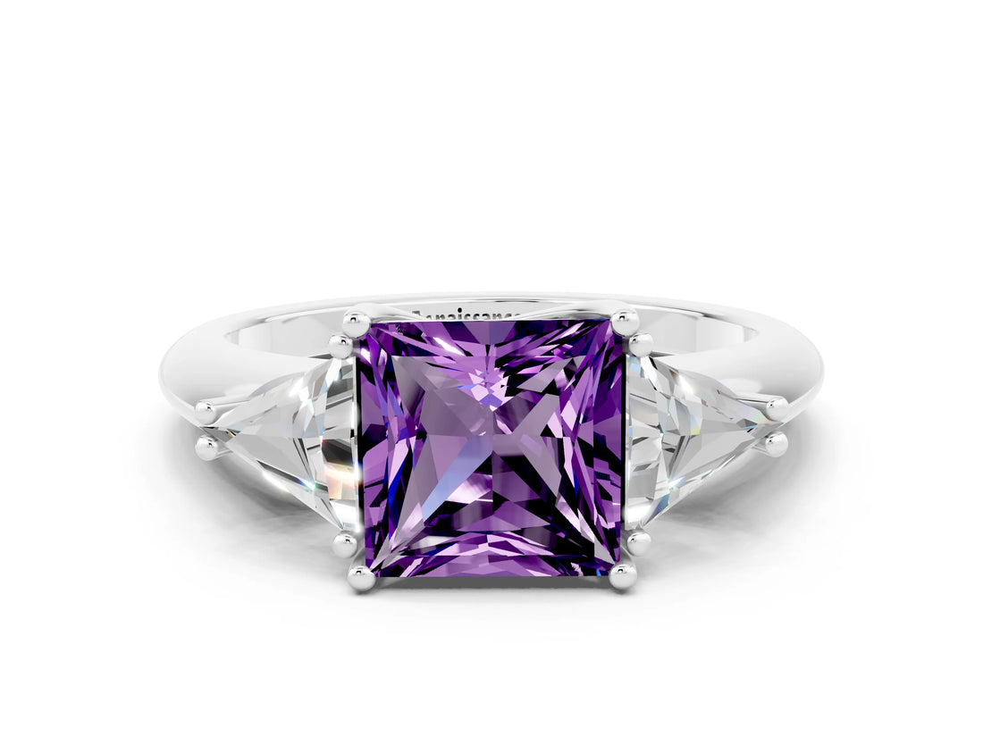 White gold Three-Stone Princess Cut Cut Diamond Ring with Trillion Side Stones and Four-Prong Setting