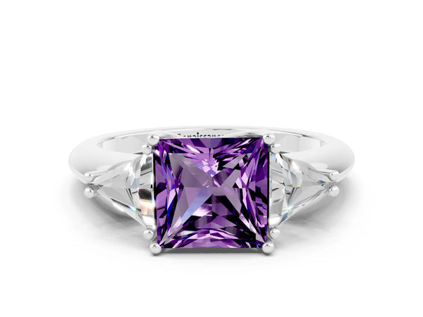 White gold Three-Stone Princess Cut Amethyst Engagement Ring with Trillion Side Stones and Prong Setting